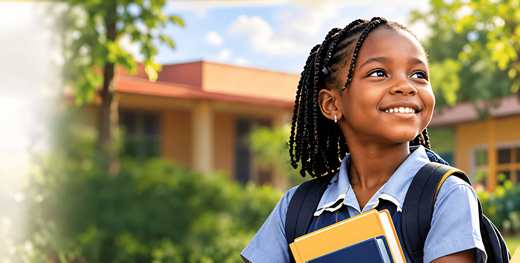 Une élève souriante, cahiers à la main, devant son école